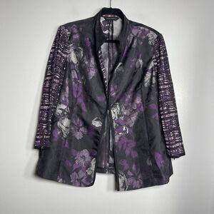 MING WANG Jacket Cardigan Size Large Black Purple Floral Knit Clasp Closure Work